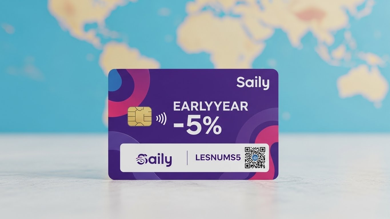 Saily eSIM : code LESNUMS5 (-5 %) — promo express pour les voyages de début d’année